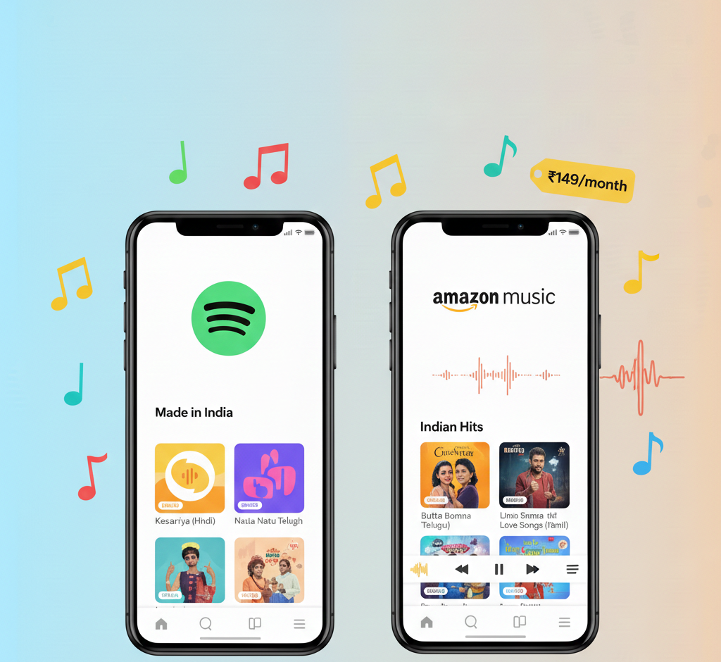 “User deciding between Apple Music and Spotify on smartphones in India”