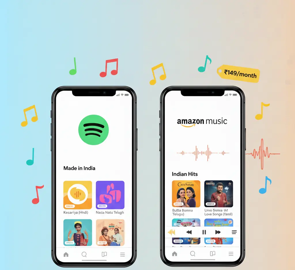 Amazon Music vs Spotify: Which One is Better in India 2 Spotify and Amazon Music apps side by side on smartphones