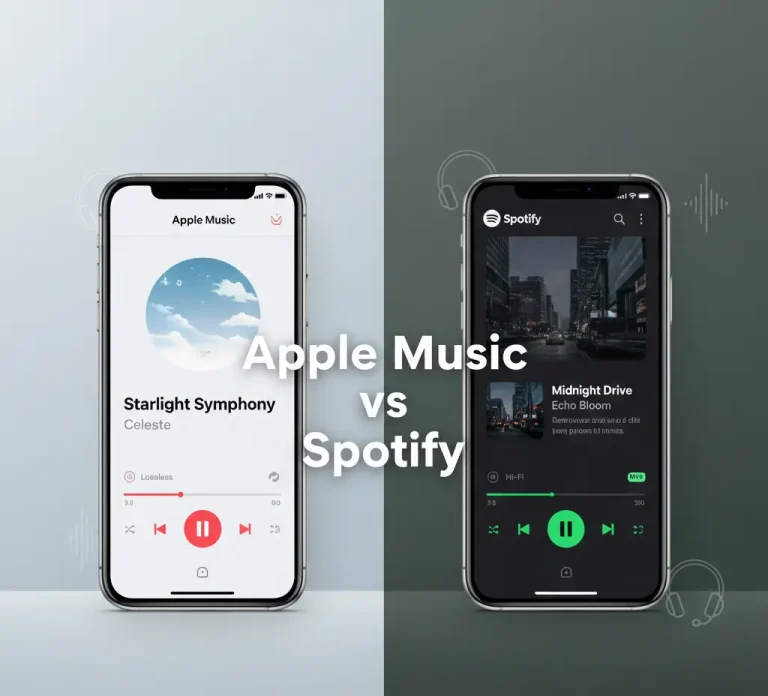 Apple Music vs Spotify: Which Music Service Is Best in India 10 Apple Music vs Spotify comparison on smartphones with spotich.com branding