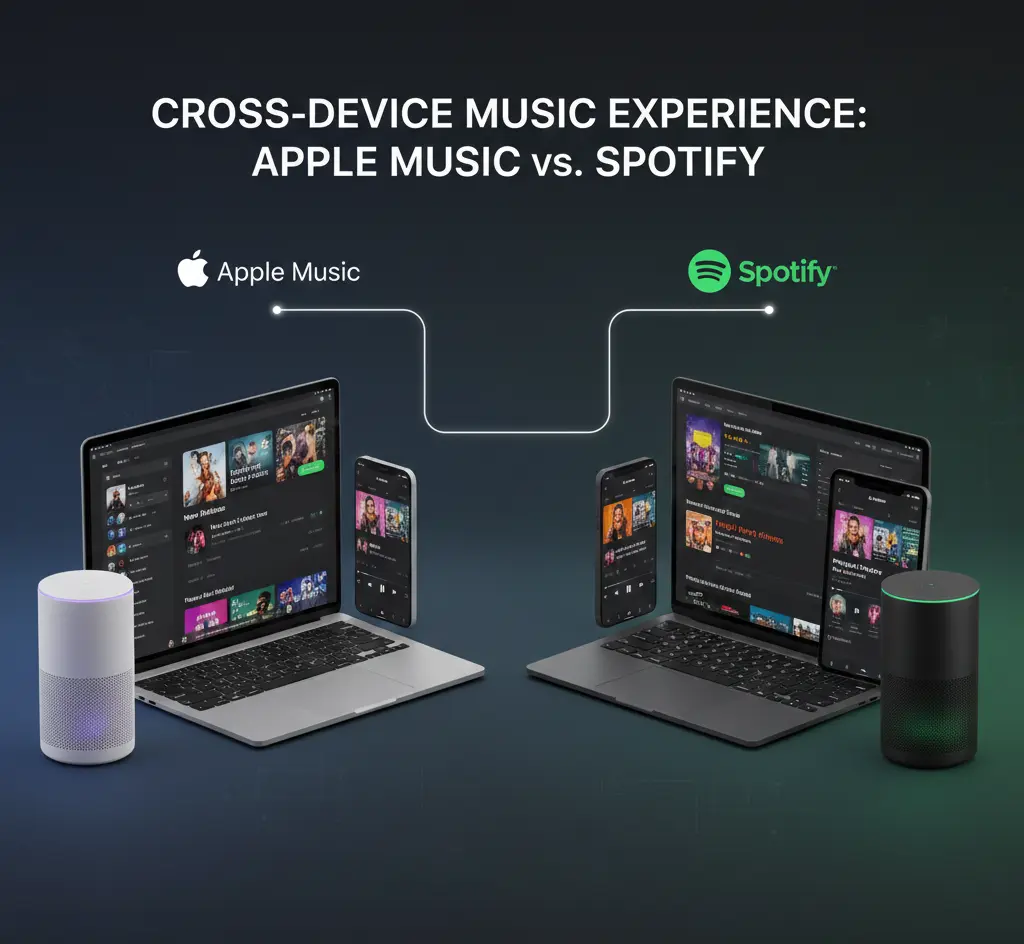 “Apple Music and Spotify apps shown on multiple devices”