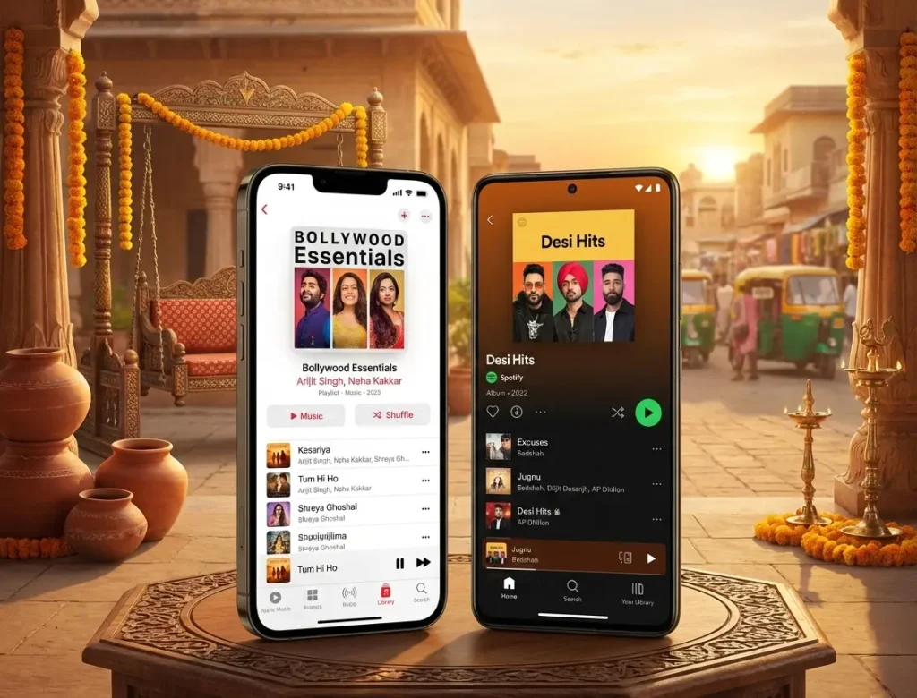 “Apple Music and Spotify apps showing song libraries on phones”