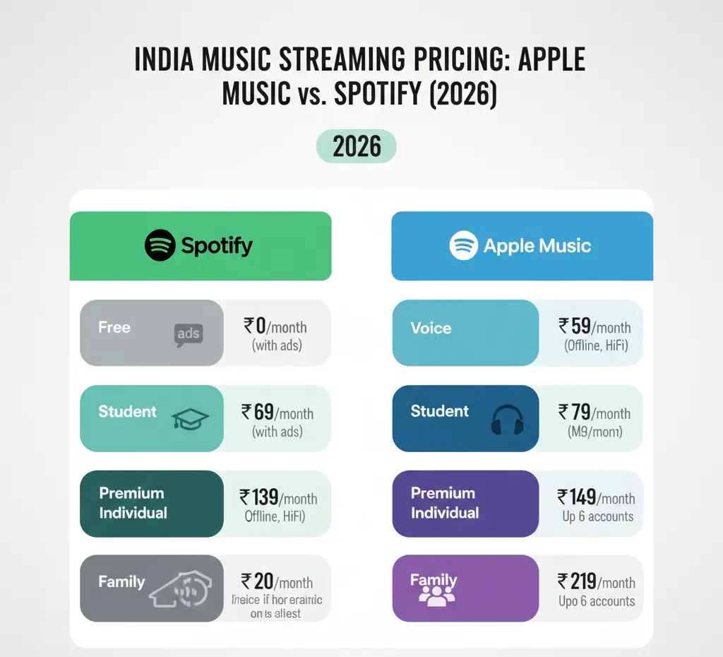 “Apple Music and Spotify pricing plans in India 2026”