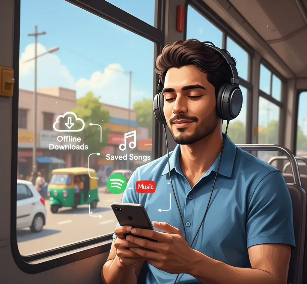 “Listening to offline music on Spotify and YouTube Music in India”