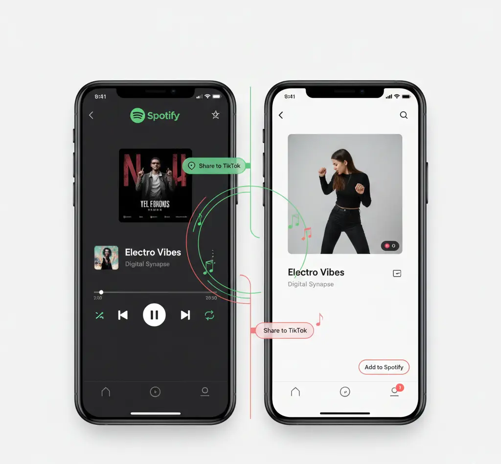 Spotify partnership with TikTok integration showing share and save music feature on smartphone screen