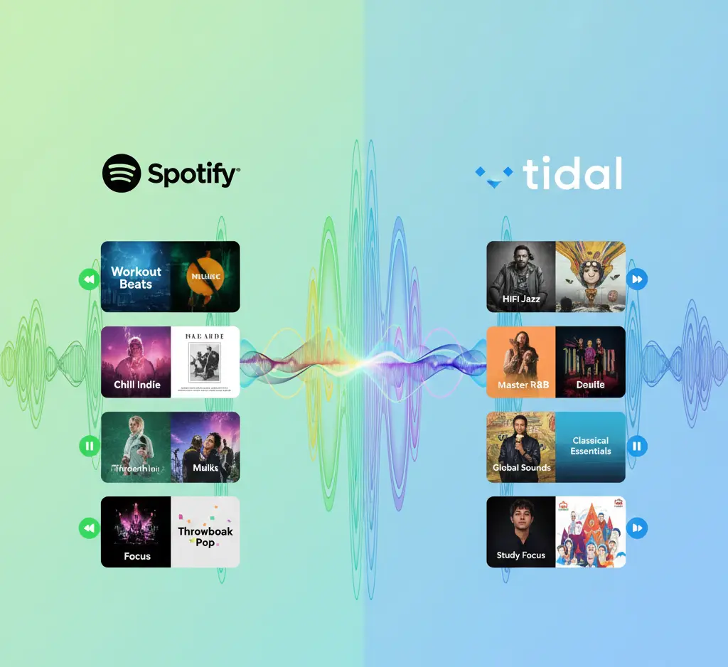 “Spotify and Tidal music playlists side by side”