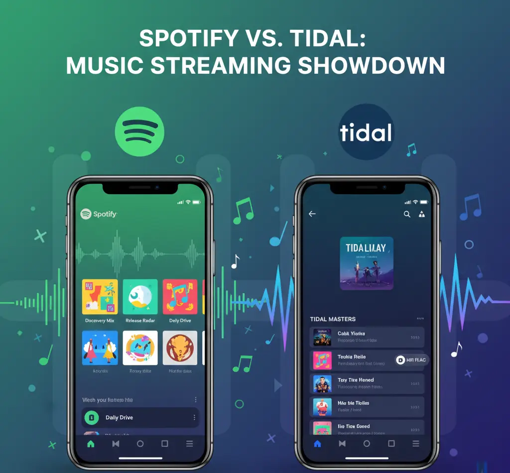 “Spotify and Tidal music apps side by side on smartphones”