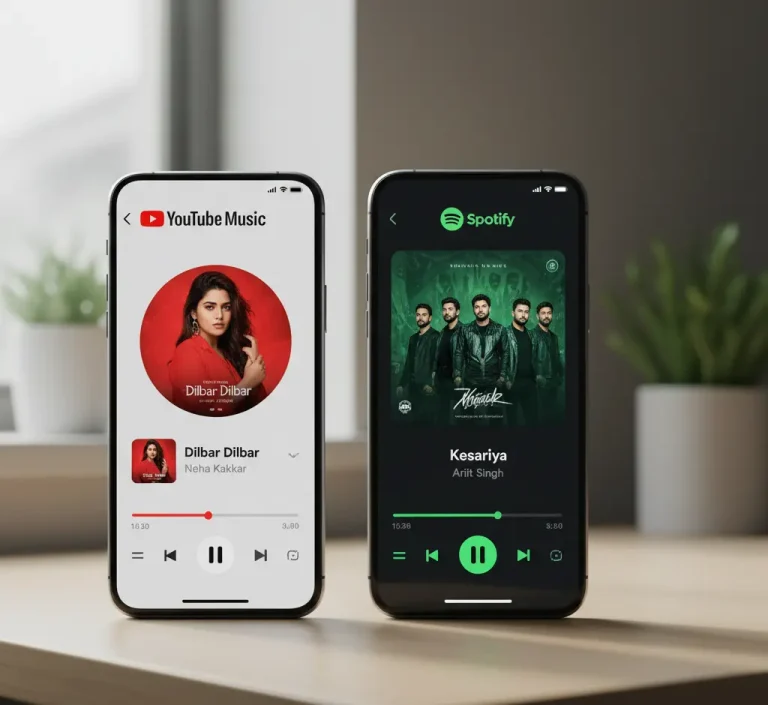 YouTube Music vs. Spotify: Better Music Streaming Service? 11 YouTube Music vs Spotify comparison featured image showing both apps on smartphones – spotich.com