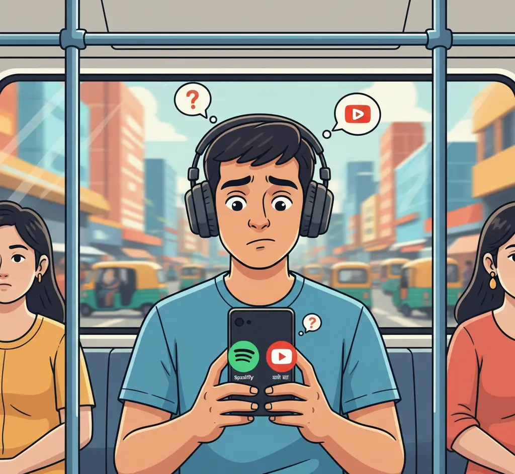 “Indian user choosing between YouTube Music and Spotify on smartphone”