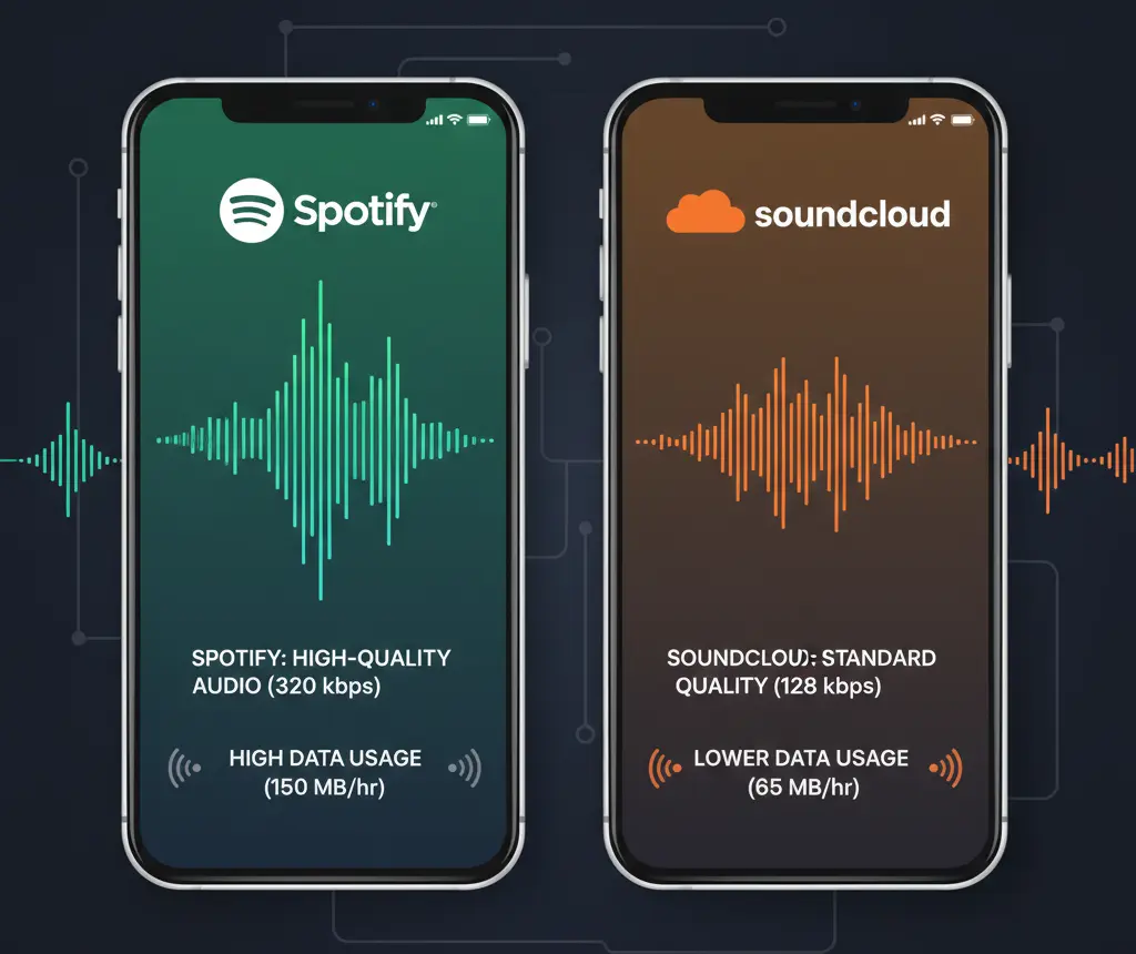 Audio quality and data usage comparison between Spotify and SoundCloud