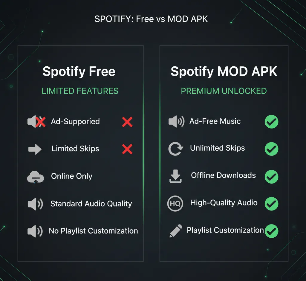 Comparison between Spotify Free and Spotify MOD APK features
