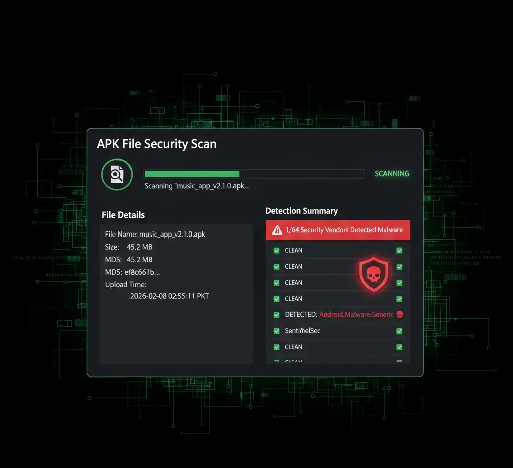 Scanning Spotify MOD APK file with VirusTotal for malware detection